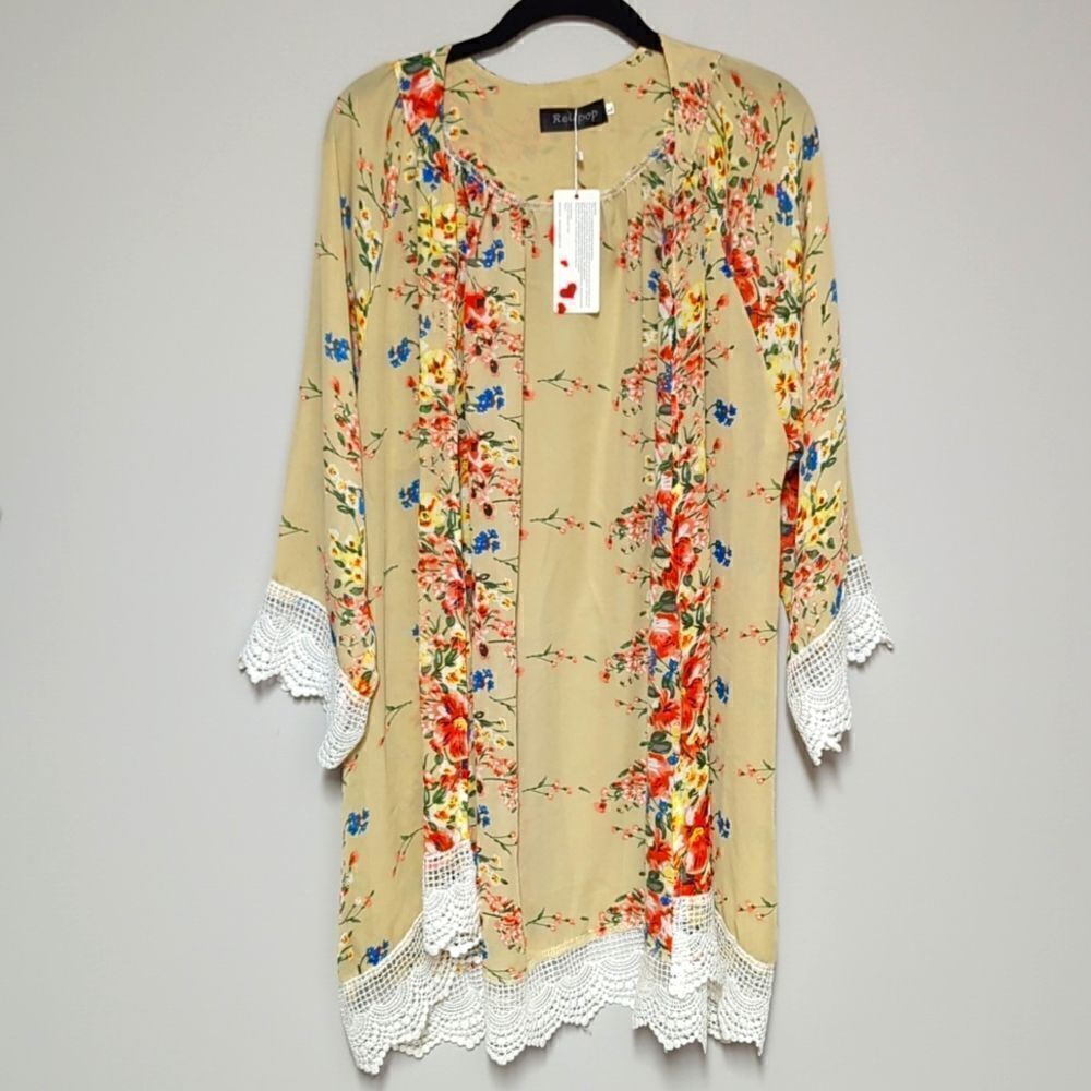 NWT Relipop Tan Floral Open Front Cardigan